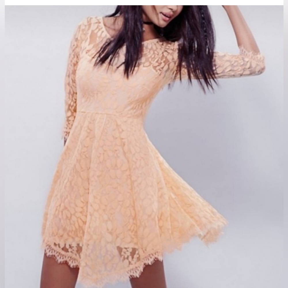 Free People Peach Lace Dress with 3/4 Sleeves